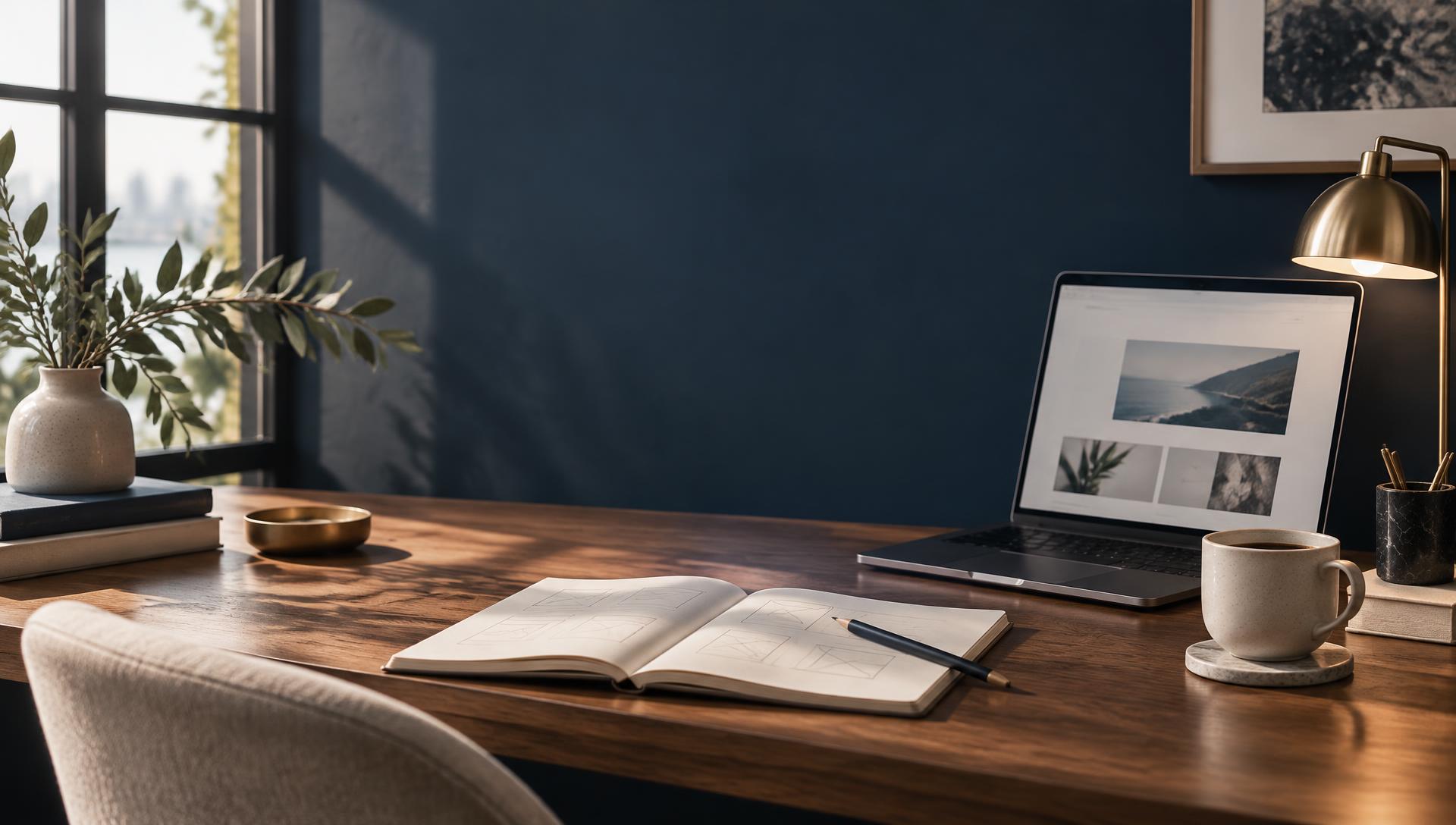 Scrivania in legno con laptop aperto su un sito web, quaderno di bozze e tazza di caffè